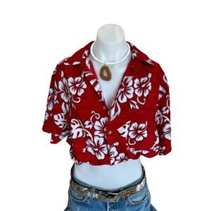 Hawaiian Shirt Button Down Crop Top One Size Boxy Coconutgirl Hibiscus Unique